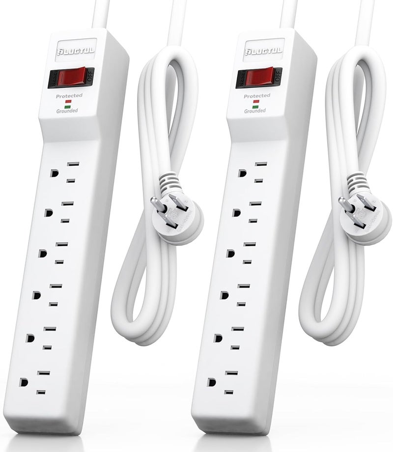 PLUGTUL 2 Pack Surge Protector (980 Joules), Flat Plug Power Strip, 4FT Extension Cord with Multiple Outlets, 6 Outlets, ETL Listed, 14 Gauge, Wall Mountable for Home Office Garage, White - Image 1